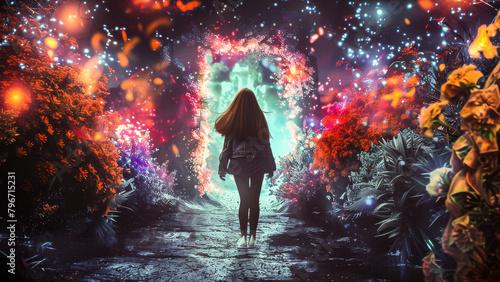 Surreal image of a young woman walking through a vibrant, magical forest with sparkling lights and colors.