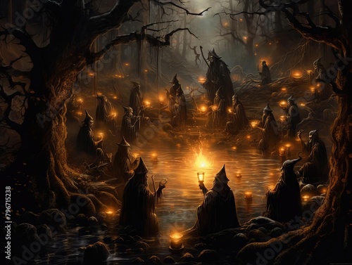 A coven of witches perform a ritual in a dark forest photo