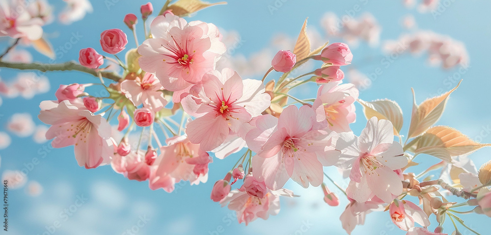 A breathtaking photograph featuring pink cherry blossoms set against a backdrop of pristine blue skies, the delicate flowers and clear atmosphere creating a scene of pure, unadulterated beauty.