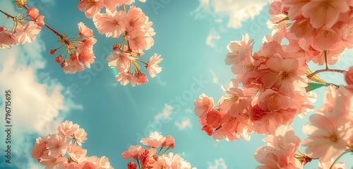 A breathtaking photograph featuring pink cherry blossoms set against a backdrop of pristine blue skies, the delicate flowers and clear atmosphere creating a scene of pure, unadulterated beauty. photo