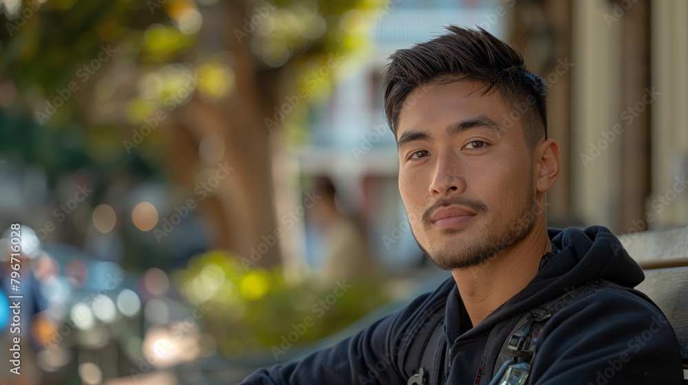 Asian Male on Bench created with Generative AI Technology, ai, generative Asian Male on Bench created with Generative AI Technology, ai, generative
