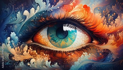  A vibrant and colorful artistic representation of an eye. The eye is the central focus photo