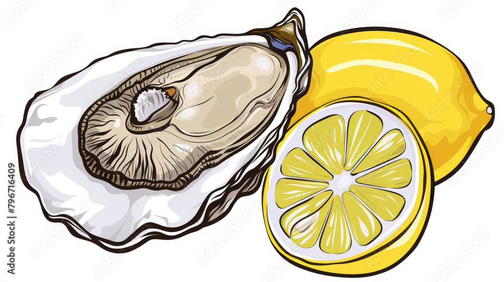 open oyster with lemon on a white background, illustration, drawing ...