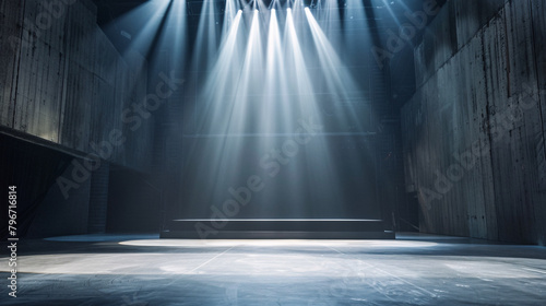 An empty stage bathed in spotlight, awaiting a contemporary dance performance, with monochromatic colors and sophisticated lighting design