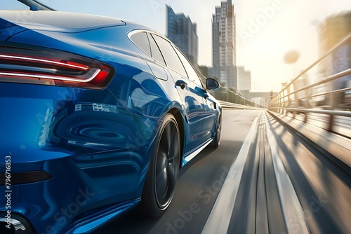 Blue business car speeding on highway seen from rear view. Concept Transportation, Speed, Highway, Business Travel, Rear View