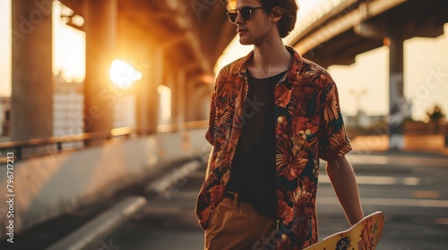Stylish young man holding a skateboard, showcasing his street style in a parking area. Copy space.