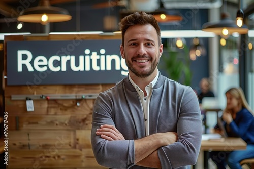 Recruitment concept image with a young man recruitment consultant manager in office next to a sign Recruiting