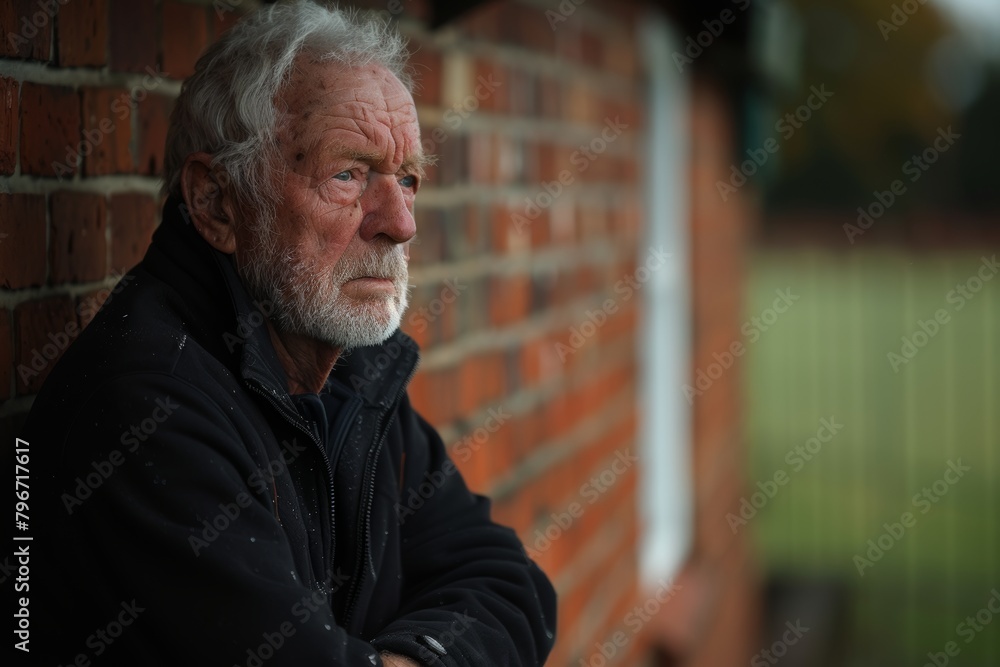 Older Man Leaning Against Brick Wall Older Man Leaning Against Brick Wall