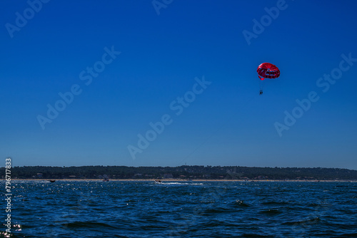 Parachute, boat, sea, sky, blue, vacation, view, beauty