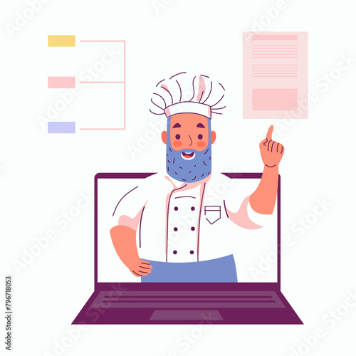 Old chef, Online cooking course, internet recipes. Virtual digital culinary school concept. Internet restaurant business with chef peeking out of screen