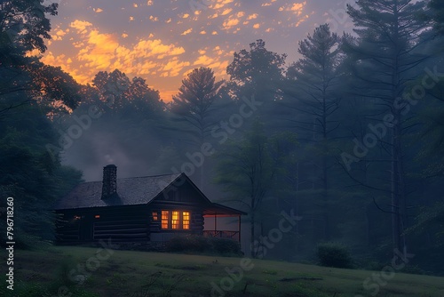 Amidst a tranquil forest, a lone cabin sits, shrouded in mist, its silhouette striking against the dawn sky. The surrounding trees stand sentinel,