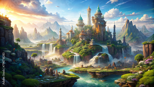 Cityscape with mountains, cathedral, and lake, fantasy world