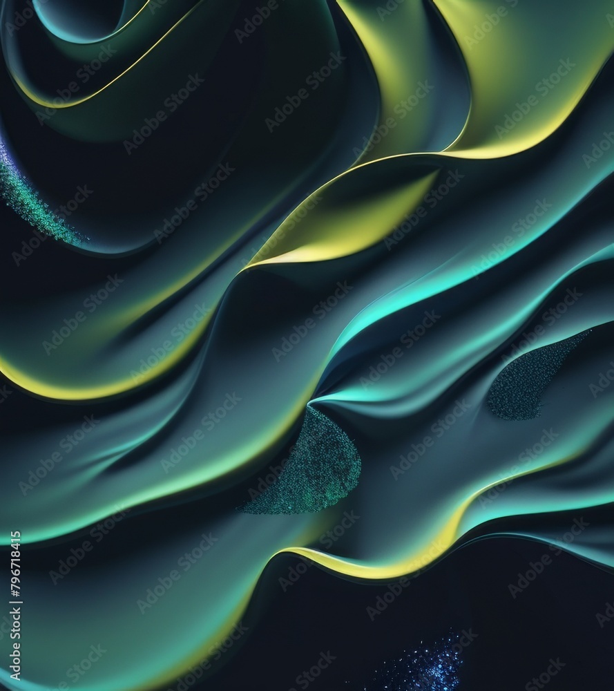 A dark blue background with green glowing light, a thin line of white and yellow smokelike waves, green particles floating in the air A dark blue background with green glowing light, a thin line of white and yellow smokelike waves, green particles floating in the air