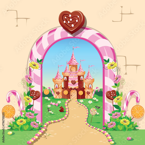 Sweet door to candy land. Sweet door with caramel edging and lollipops. Delicious pastry background in cartoon style. Vector illustration.