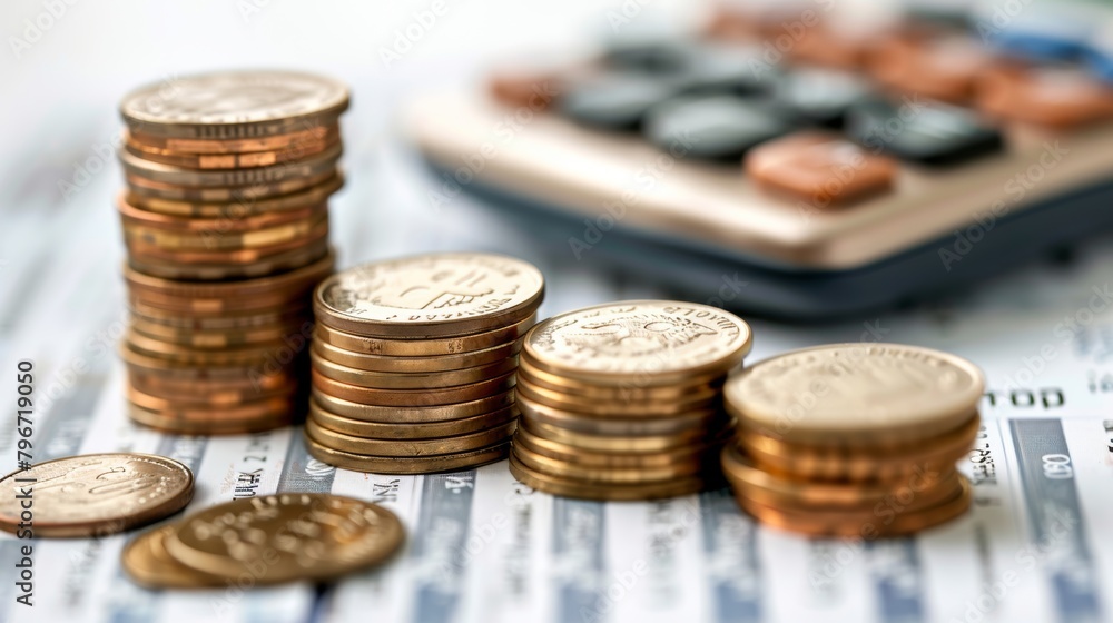 Close-up of stacked coins on a financial ledger with a calculator in the background Close-up of stacked coins on a financial ledger with a calculator in the background