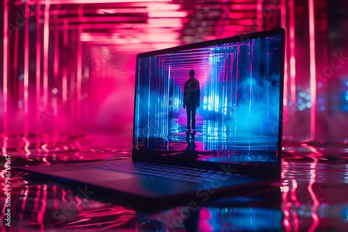 An immersive shot capturing the cinematic allure of a laptop's edge-to-edge display, transporting viewers into a world of boundless digital possibilities