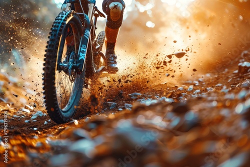 The photo illustrates a cyclist's journey through a muddy forest path, emphasizing the sports and adventure in cycling