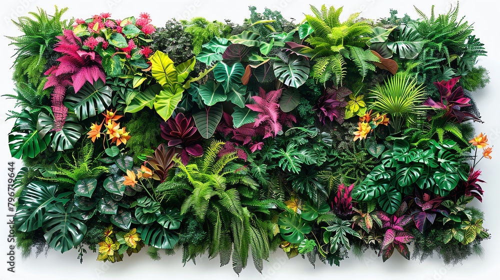 A lush green wall of various tropical plants and flowers.