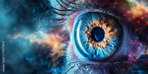 Close-up of a human eye in double exposure with a star nebula. Concept for ophthalmology, eye microsurgery