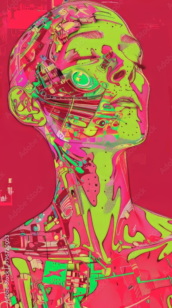Obraz premium abstract portrait of human face in graphic stylish colorful modern composition pink and green color accent new art style people portrait