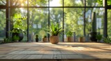 Wooden Table With Potted Plants by Window