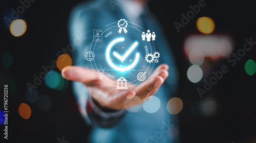 Guarantee service certification concept, business performance internet checklist. Businessman correct sign mark on document online approve paperless, quality assurance. Quality control assurance