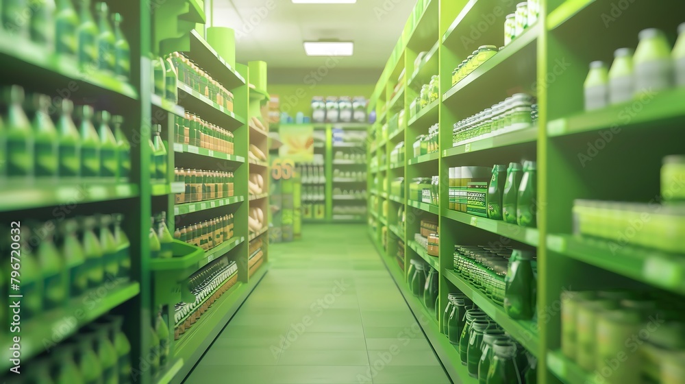 Aisle of an organic grocery store featuring shelves stocked with green, ecofriendly products, against a muted green background suitable for advertising special offers