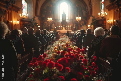 Solemn image of a funeral service in progress at a church, with vibrant flowers adorning the casket photo