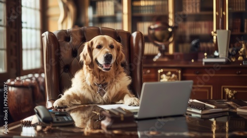 A golden retriever sits in an opulent office, surrounded by hightech gadgets and luxury pet accessories, business concept