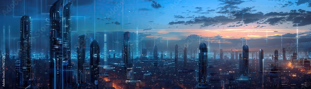 Futuristic cityscape with integrated digital circuits and a deep blue twilight sky, providing a dynamic backdrop with ample room for visionary text or futuristic concepts