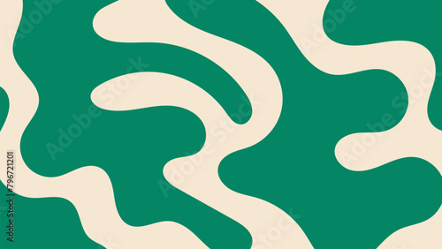 Simple liquid abstract background with green and beige wavy lines pattern. Groovy backdrop in retro 60-70s style. Cool funky ripple stripes design