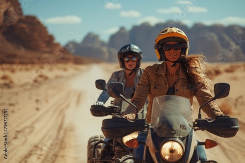 Adventurous motorbike riders traverse through desert trails under a vast sky, illustrating an adventurous spirit and exploration
