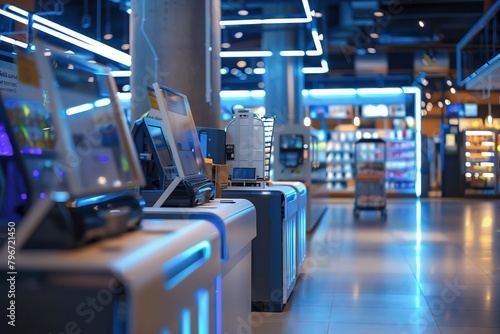 Hightech checkout area with automated carts and selfservice kiosks, featured against a modern, metallic background, perfect for demonstrating the future of retail technology photo