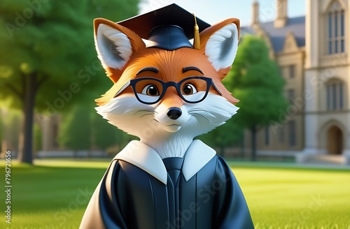 Illustration cartoon character fox with glasses and graduate's cap and robes stands against background of an campus, concept of education, university professor or graduate