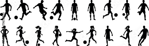 Soccer player silhouette, male, female players, dynamic poses, dribbling, kicking, goalkeeping, running, controlling ball, sports graphics, event promotions