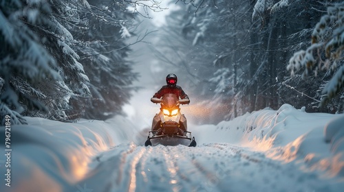 Man Riding Snowmobile Down Snow-Covered Road