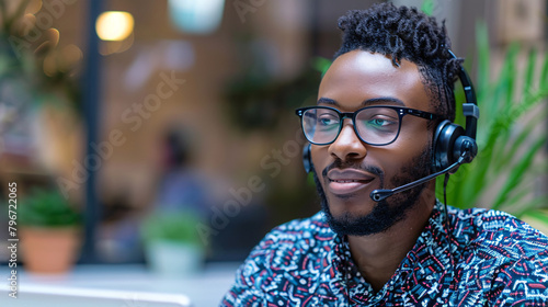 A dedicated customer service representative in a professional setting, wearing a headset and engaging in a clear and patient conversation with a customer © Natchaya