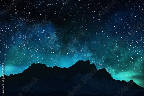 Aurora borealis over starfilled sky, mountain silhouette, clear night