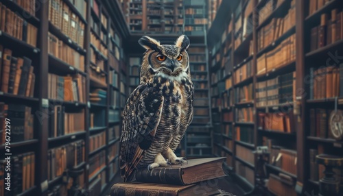 A wise old owl perches in a luxurious library filled with financial tomes and hightech devices, representing knowledge as the wealth of the future, business concept photo