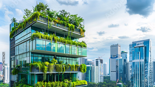 The exterior of a green-certified corporate building, displaying innovative sustainable design against a modern city skyline