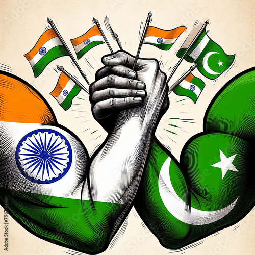 Indian vs Pakistan, illustration, illustrative, art, vector, arm wrestling, armwrestling, strength, forces, army, arm, hands, show of force, conflict, nuclear photo