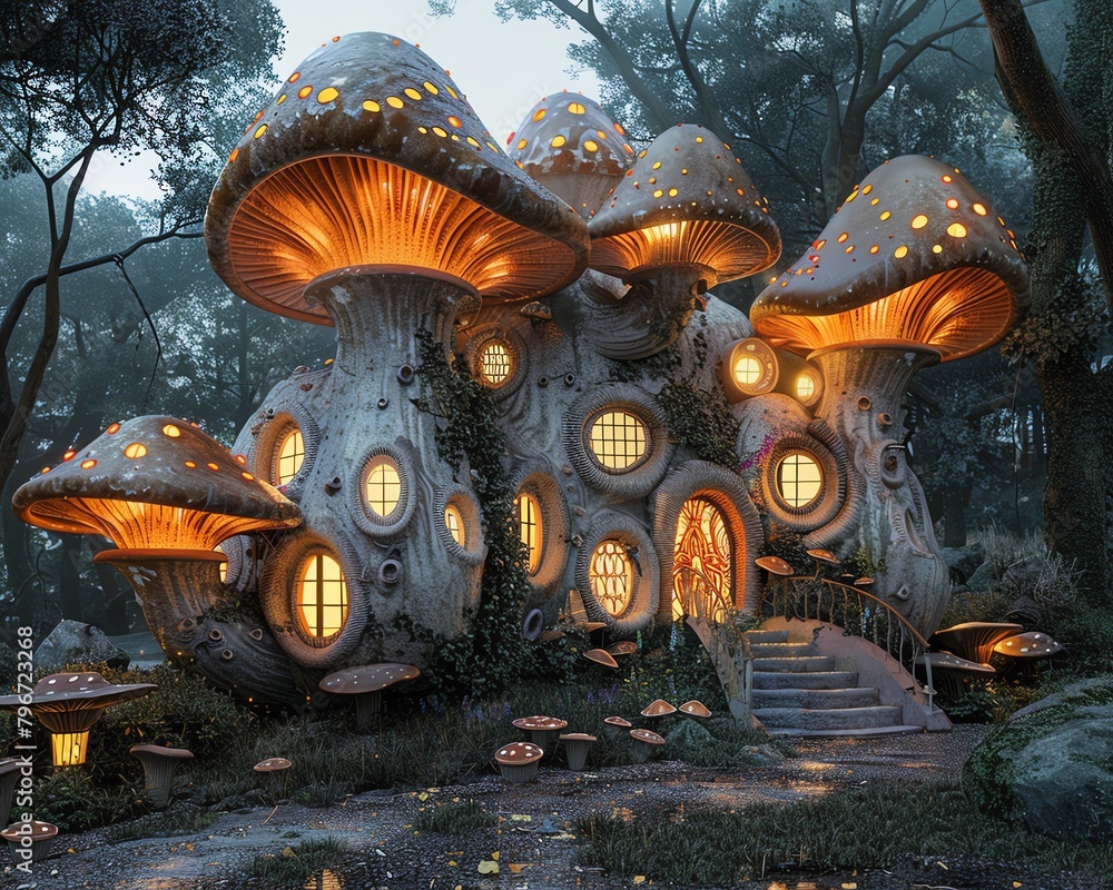 Obraz premium A whimsical house constructed from giant toadstools and adorned with glowing mushroom lanterns