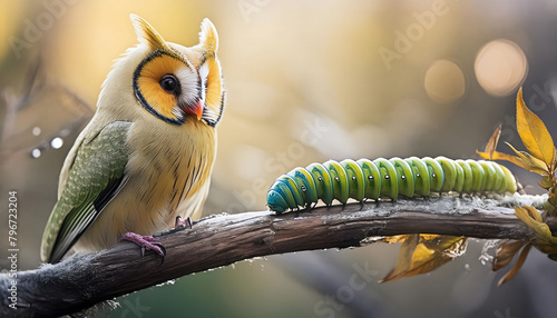 Owl-Like Bird and Caterpillar on a Branch Amidst Autumn Foliage