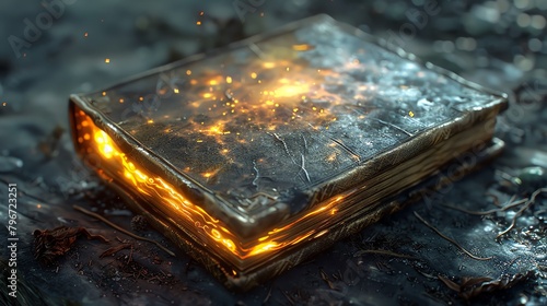 A weathered tome adorned with shimmering runes that seem to glow with inner light photo