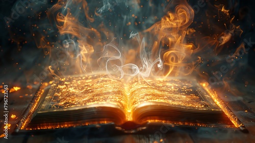 An ancient magical fairytale book with pages open, revealing swirling smoke and dazzling spirals of magic