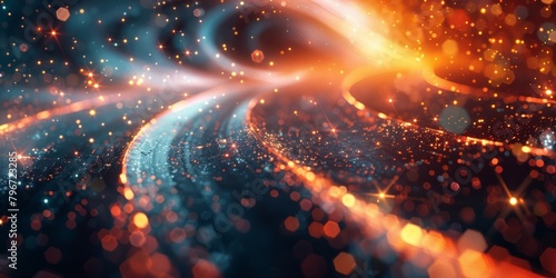 Abstract dark background with motion tracks of shimmering particles in blue and orange