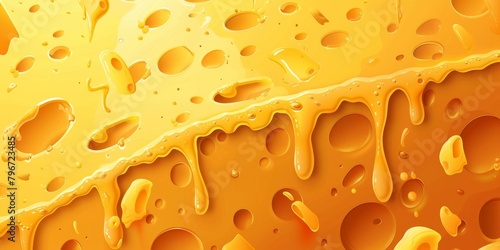 Close-up view of melted cheese texture with holes and dripping edges, abstract food background