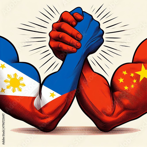 Illustration Philippine national flag versus China national flag, arm wrestling draw, strong arms