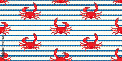 Coastal, sea life pattern  cute red crabs with nautical, sailor style rope on white background © LilaloveDesign