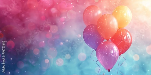 Colorful balloons against a bokeh light background with pink and blue hues
